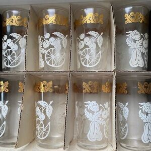 8 Vintage Federal Drinkware Glasses New in Box White Fruit Gold Leaf Design